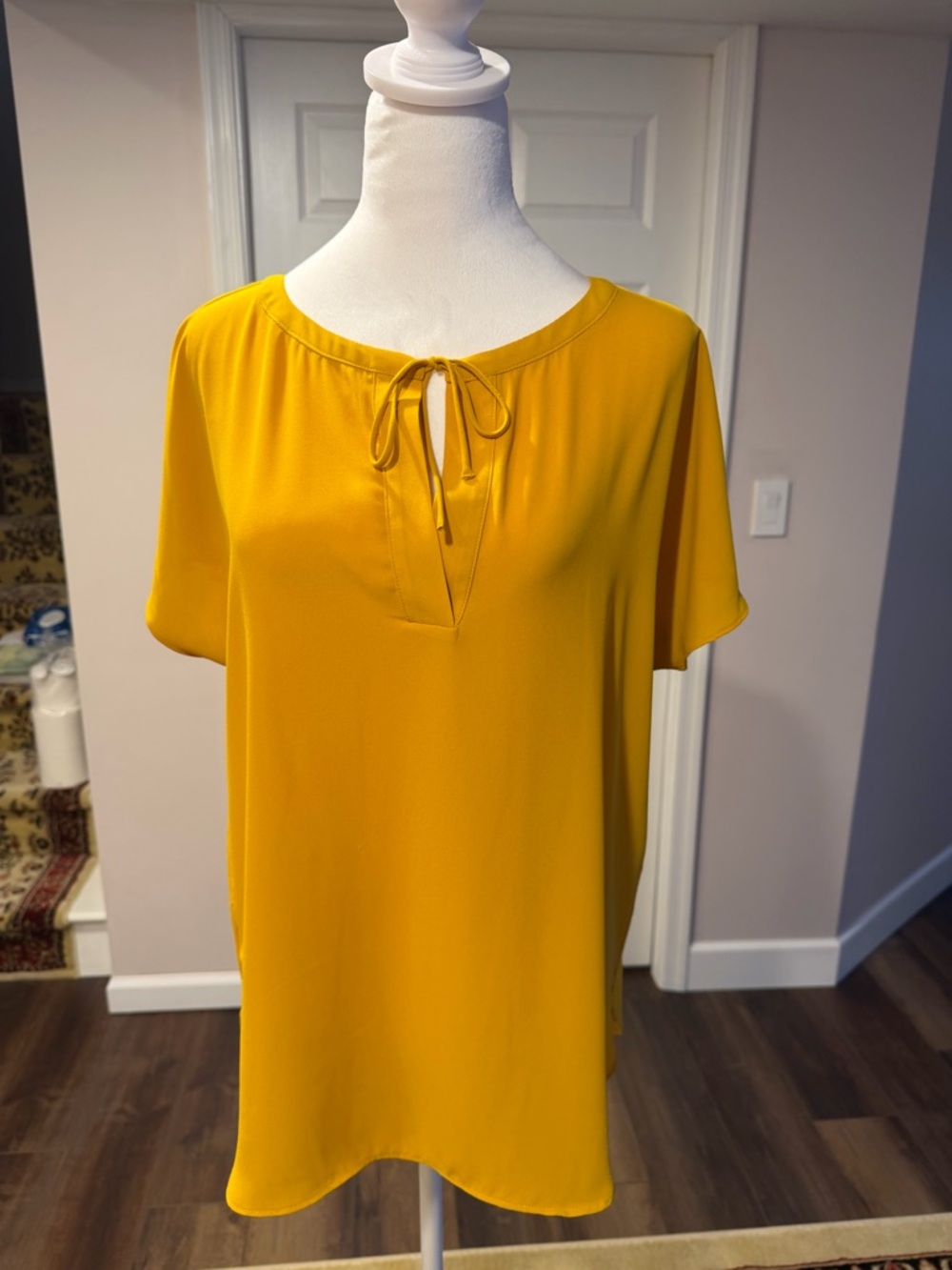LOFT Mustard Tie-Neck Short Sleeve Blouse